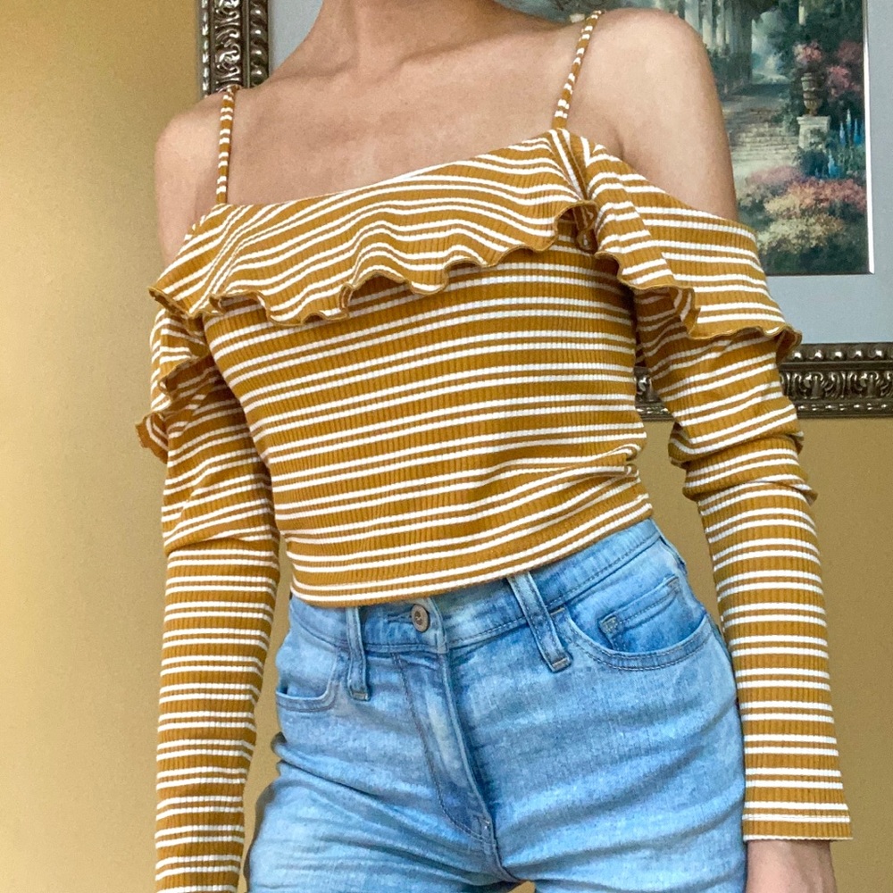 Off the shoulder mustard yellow striped ruffle crop top